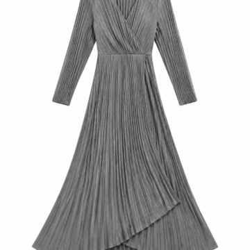 Grey Pleated Midi Dress with Faux-Wrap V-Neck and Flared A-Line Skirt