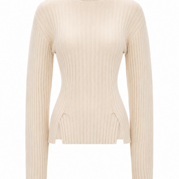 Cream Slim Fit Ribbed Mock Neck Sweater with Side Slits