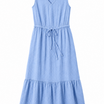 Light Blue Crinkled Midi Dress with Drawstring Waist