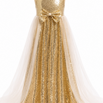 Gold Sequined A-Line Dress with Bow and Tulle Overlay