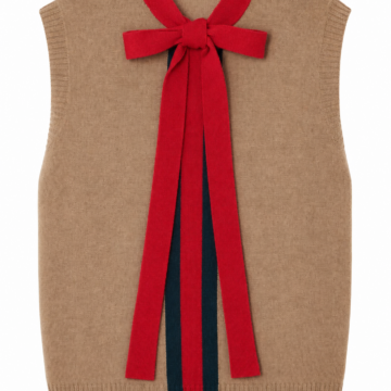 Camel Knit Sweater Vest with Red Bow Accent
