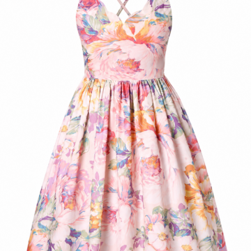 Pink Floral Print A-Line Mini Dress with Cross-Back Straps