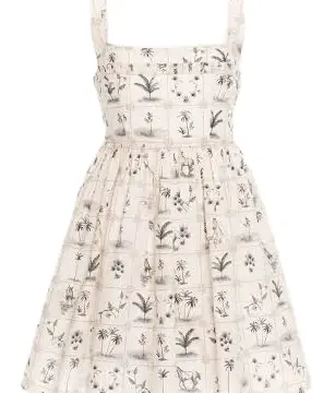 Off-White Sleeveless Skater Dress with Botanic Print and Pleated Skirt