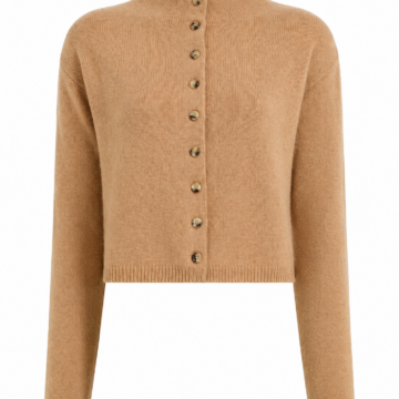 Camel Cropped Button Cardigan with Mock Neck