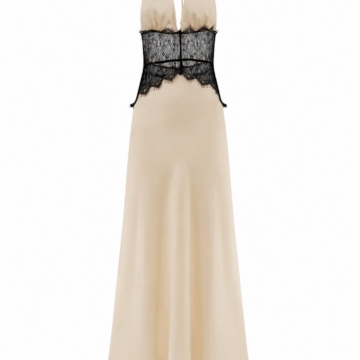 Champagne Halter Maxi Dress with Black Lace Corset
