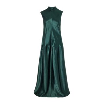 Dark Forest Green Satin Pleated A-Line Dress